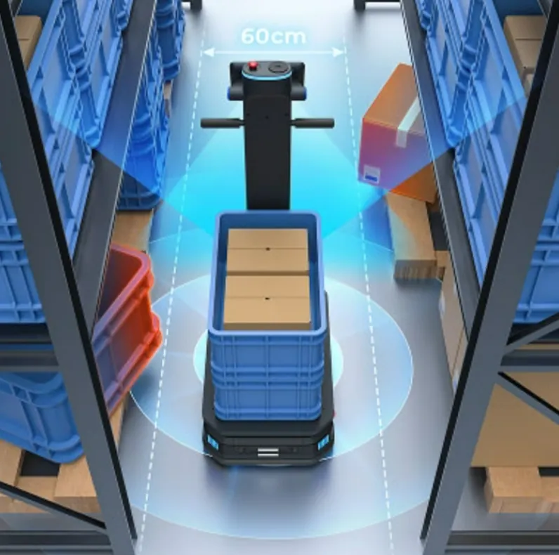 Autonomous transport robot moving totes in a manufacturing facility